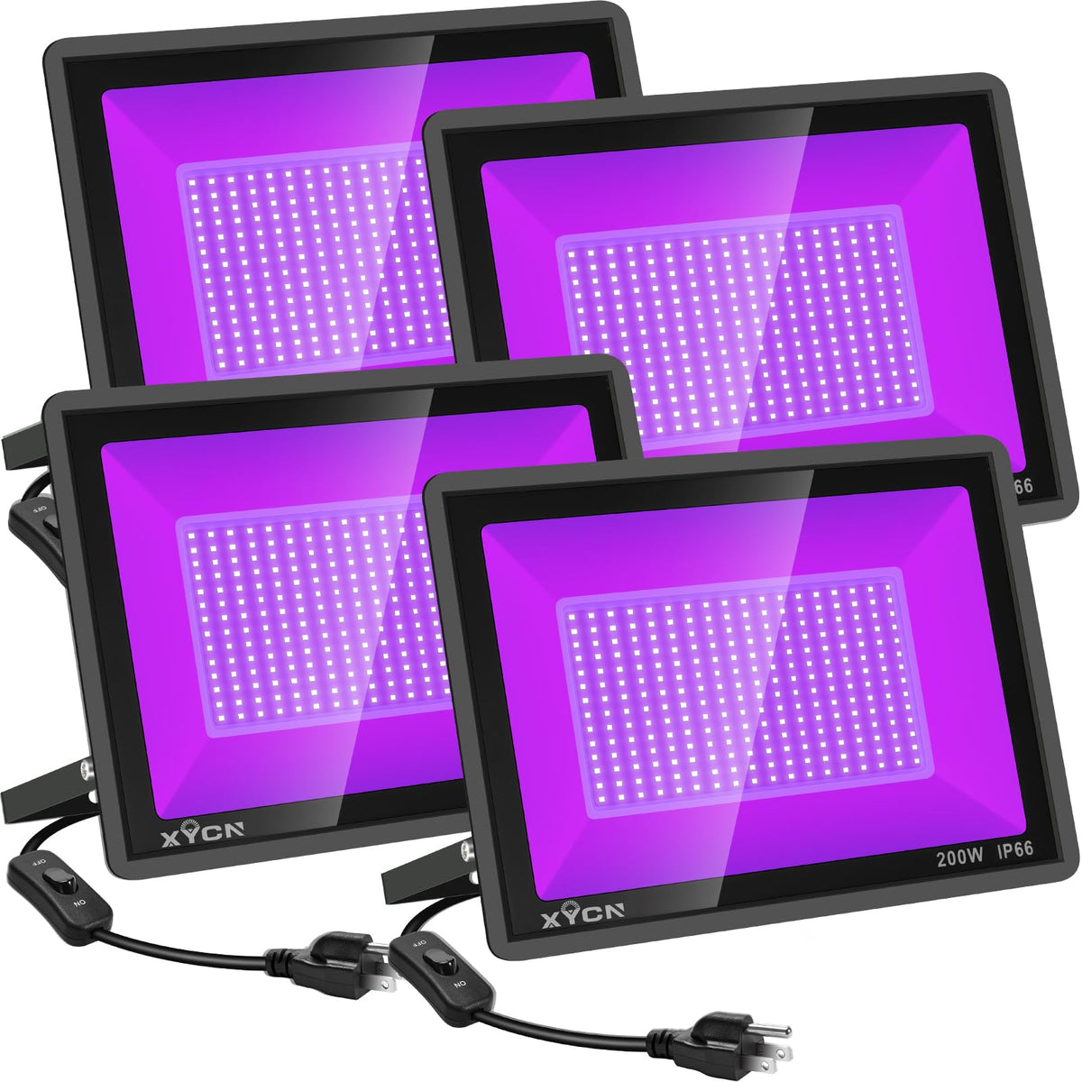 XYCN 4-pack 200W UV black light flood outdoors for vibrant fluorescence.