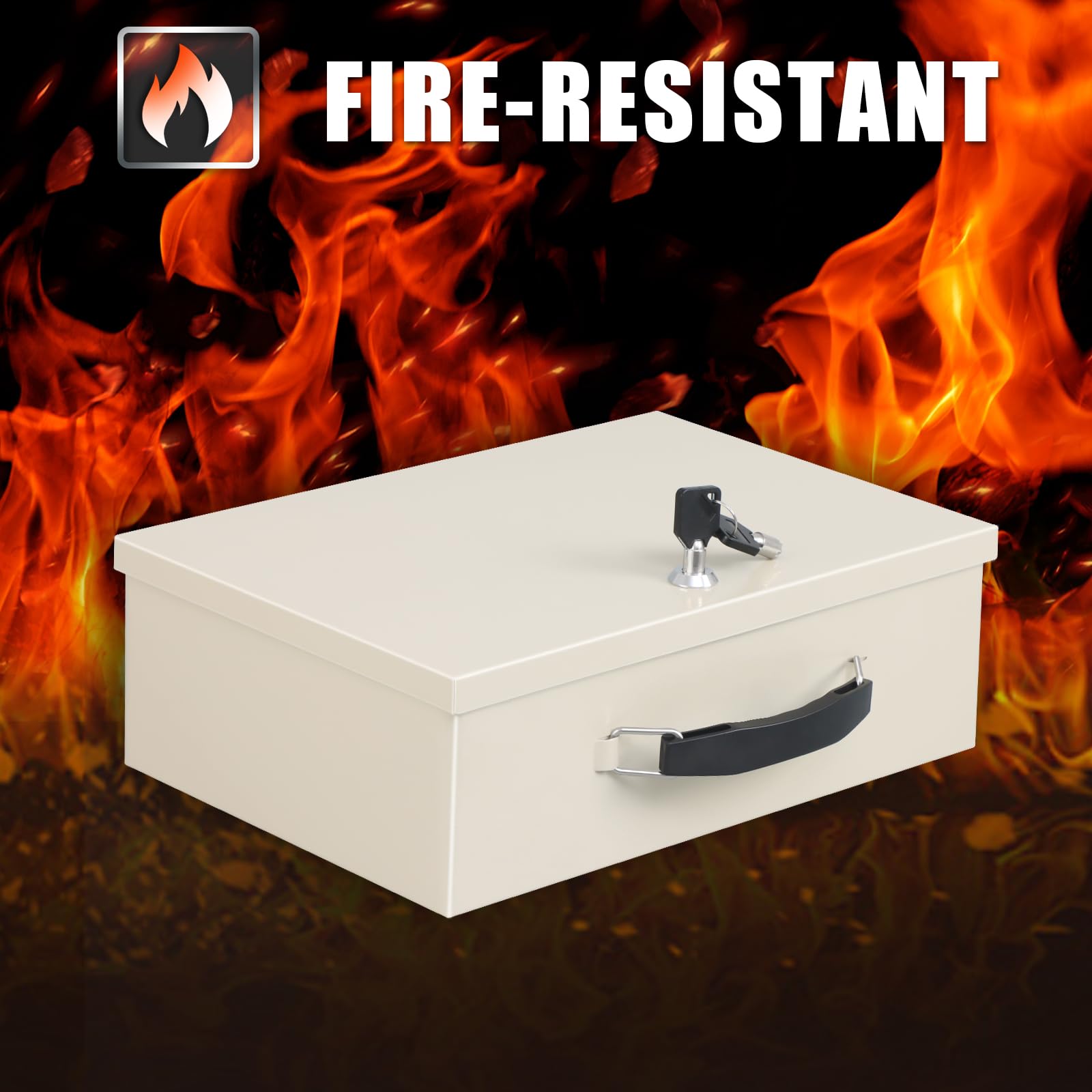 xydled fire resistant safe box open lid reveals organized interior for valuables protection.