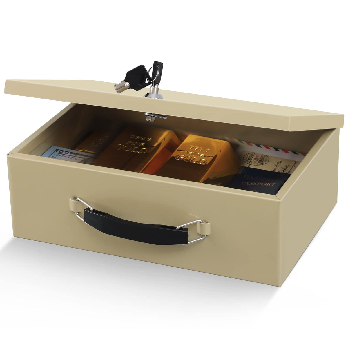Xydled fire safe box front view shows sturdy metal construction for secure storage.