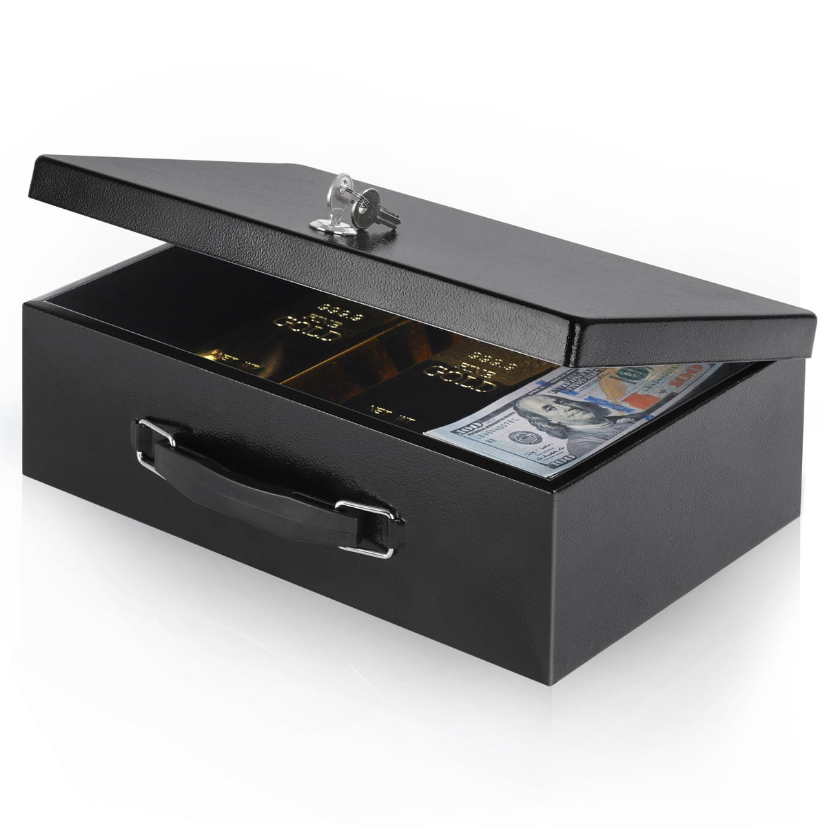 Xydled Fire Safe Box front view shows sturdy steel construction for valuables
