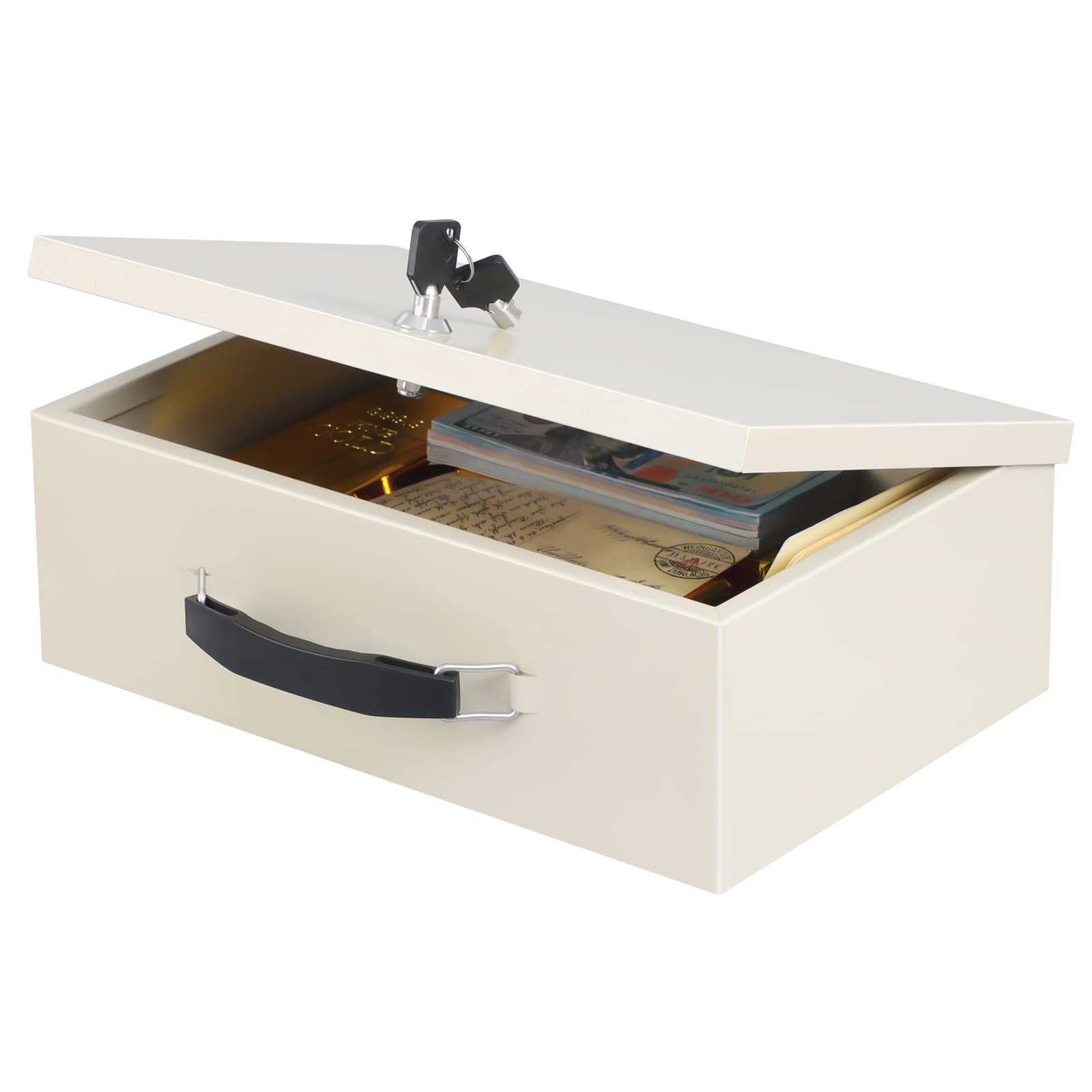 Xydled fire safe box front view – sturdy metal construction for secure home storage.