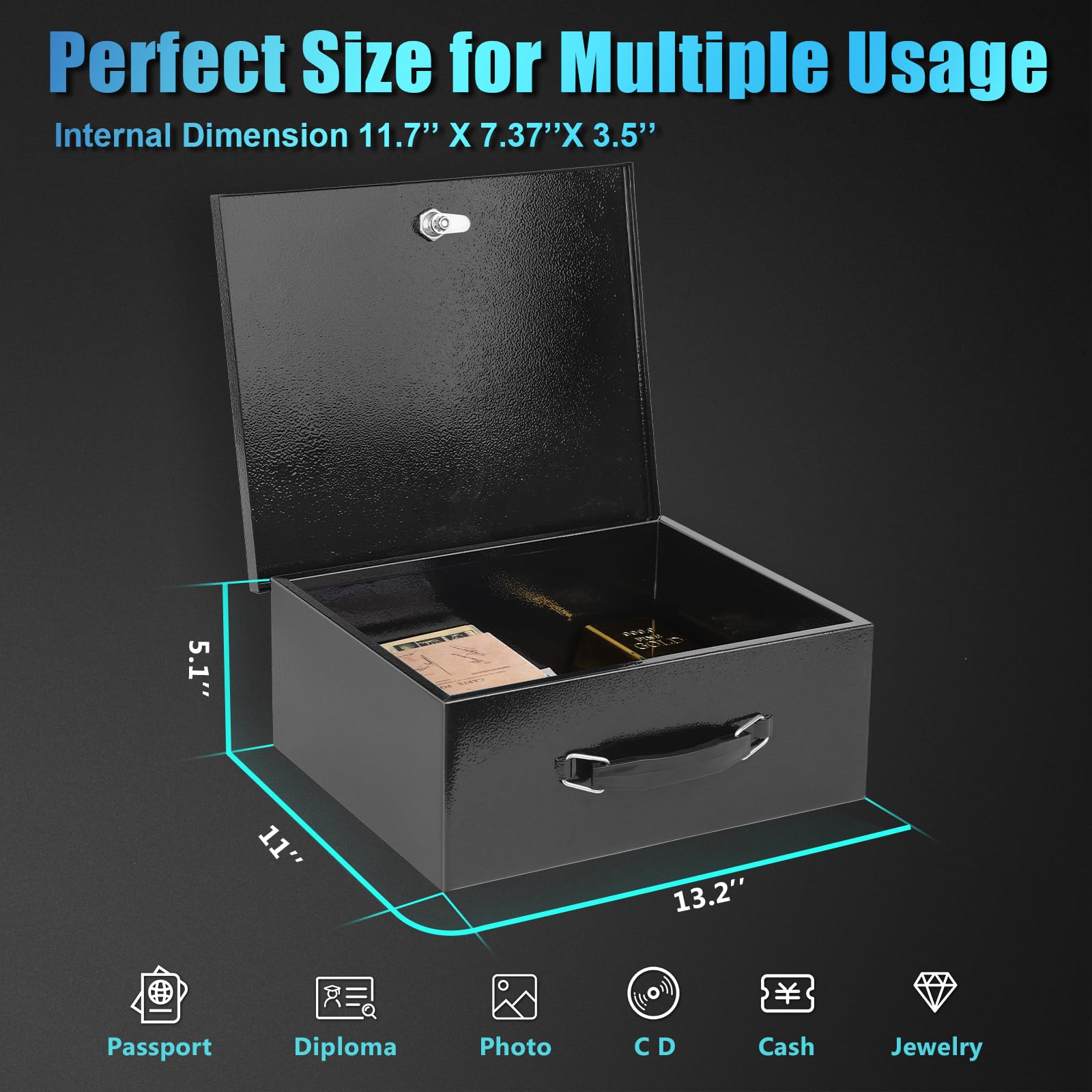 Xydled Fire Safe Box portable handle enables easy relocation within the home.