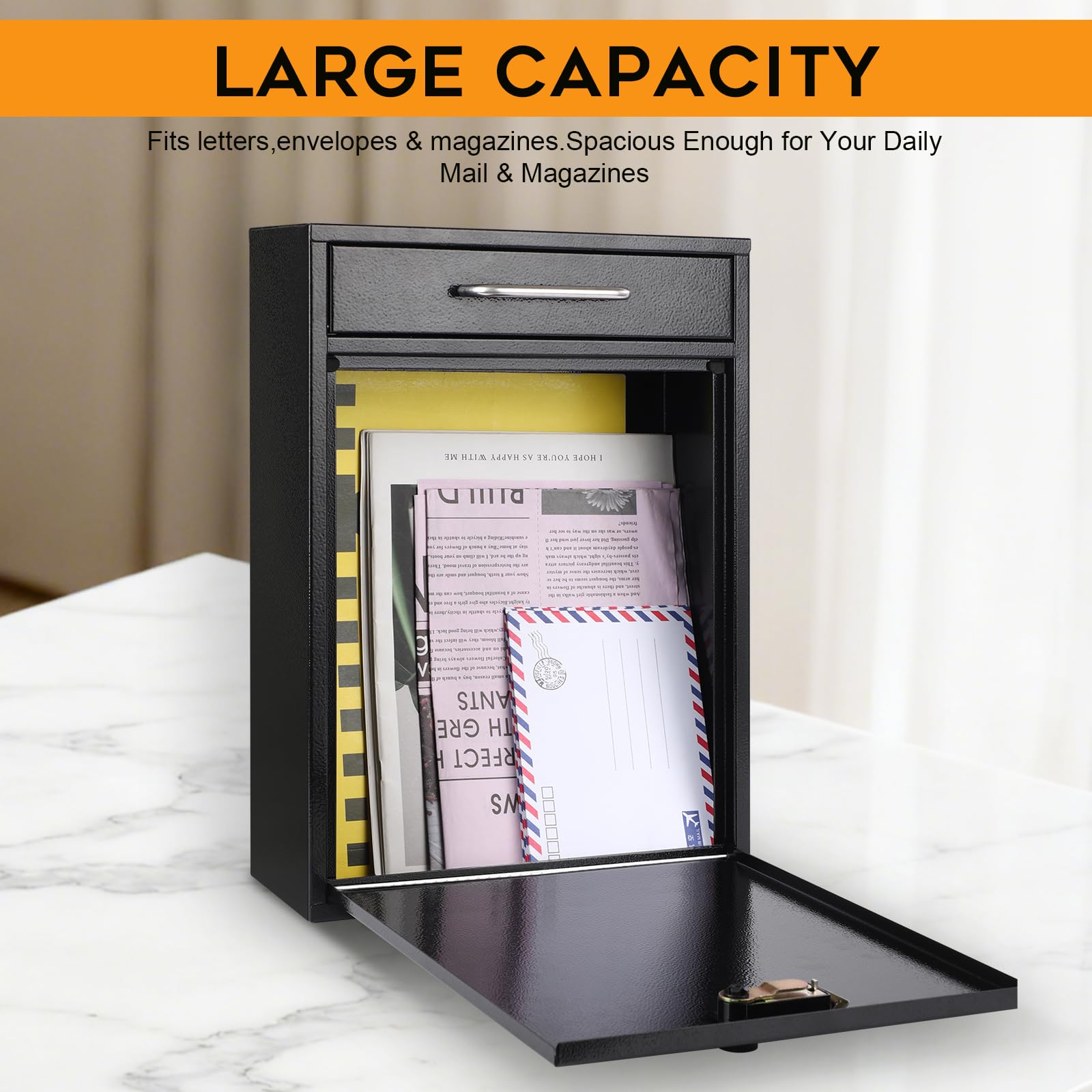 Xydled wall mailbox interior shows ample space for letters and newspapers.