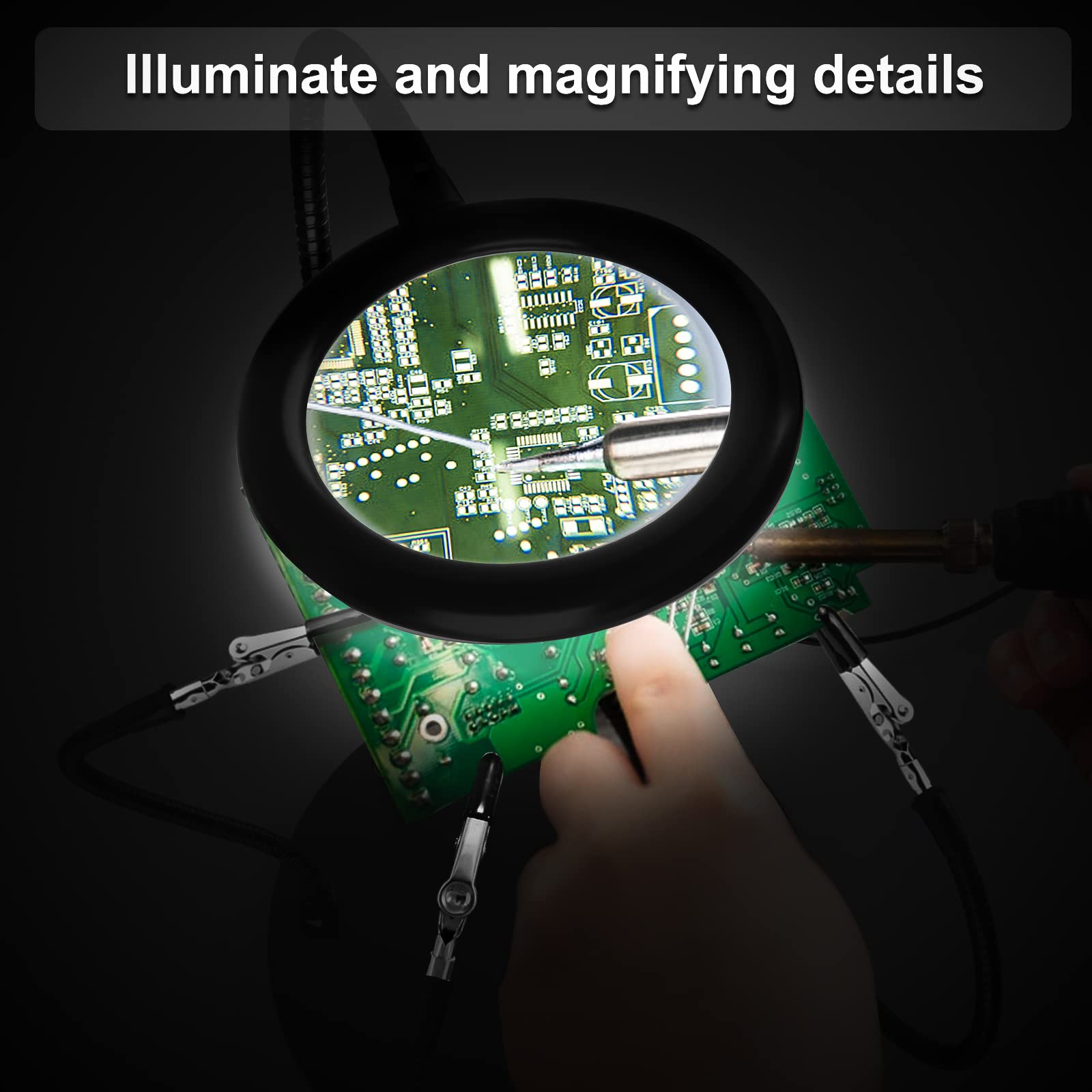 XYK Helping Hands 3x magnifying lamp illuminates tiny details for precise soldering.