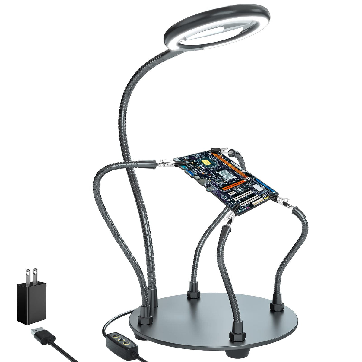 XYK Helping Hands soldering station – whole unit on desk, stable and ready for detailed projects.