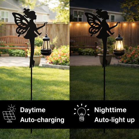 XYRIS angel figurines on stakes rise above plants for night-time glow