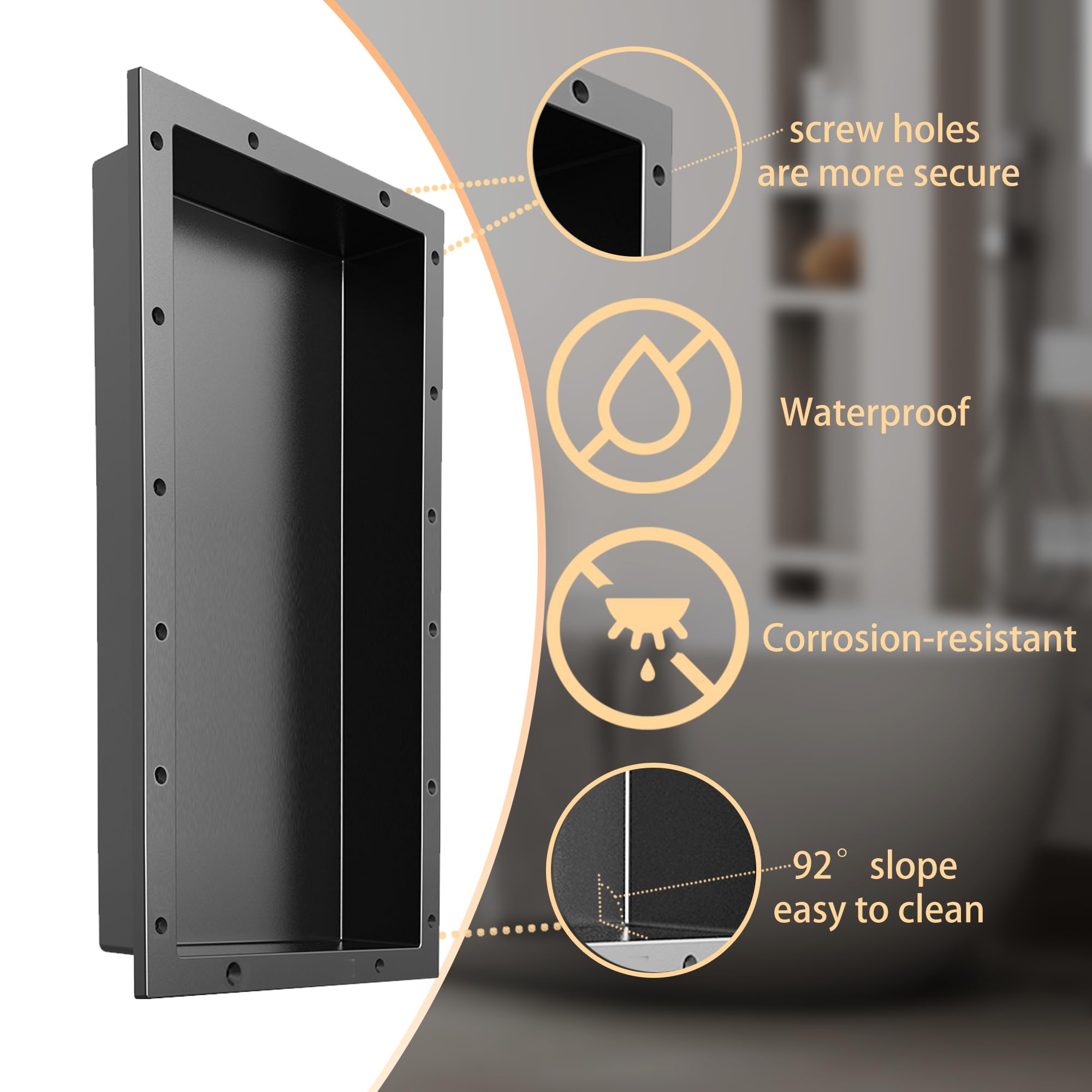 XZETORA shower niche black finish adds modern contrast to bathroom walls.
