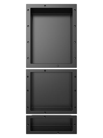 XZETORA shower niche in black, front view showing integrated storage and sleek design.