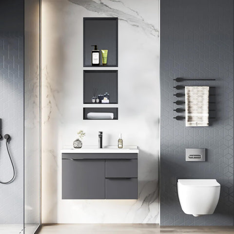 XZETORA black shower niche, side view highlighting wall integration and sturdy mounting.