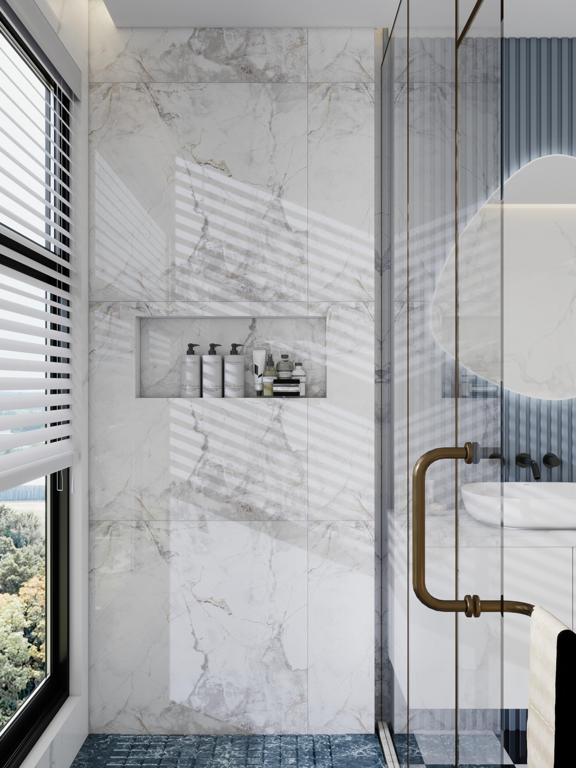 XZETORA shower niche outside view illustrating wall integration for tile bathrooms.