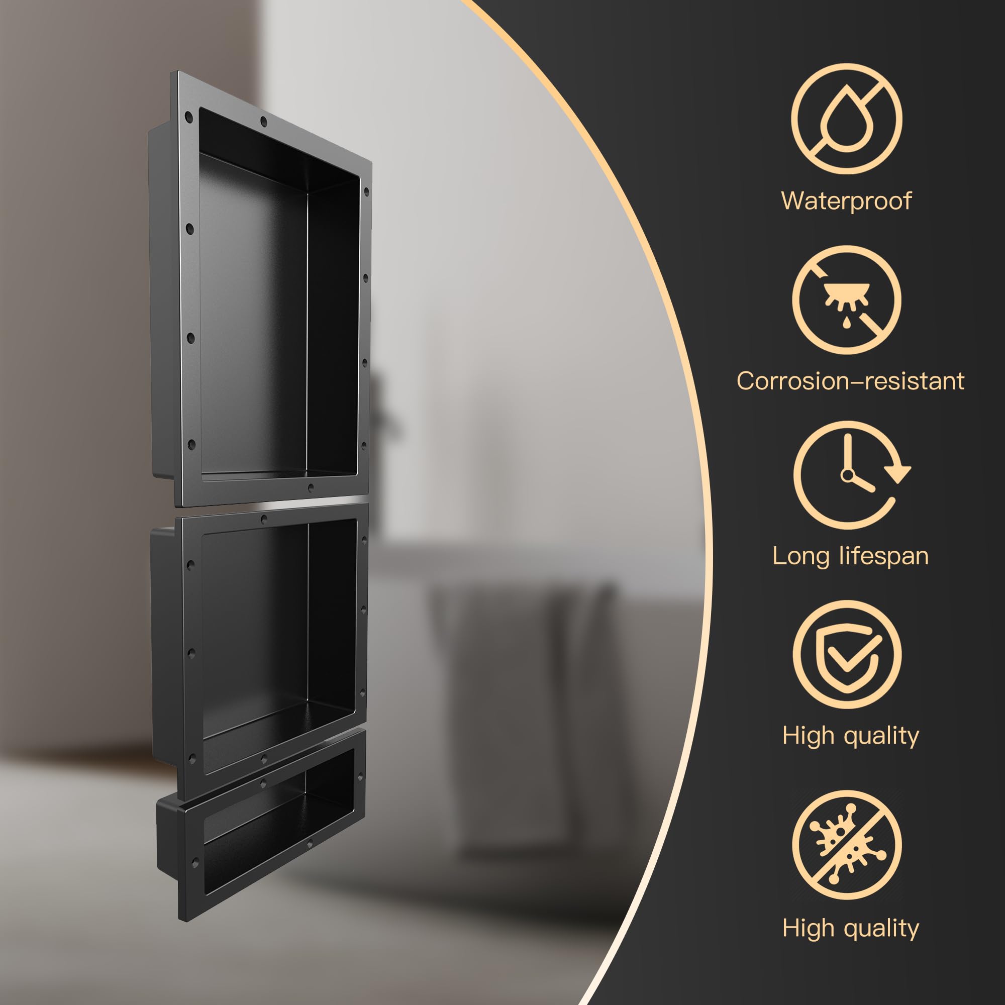 XZETORA shower niche with waterproof corners guarding walls from moisture.