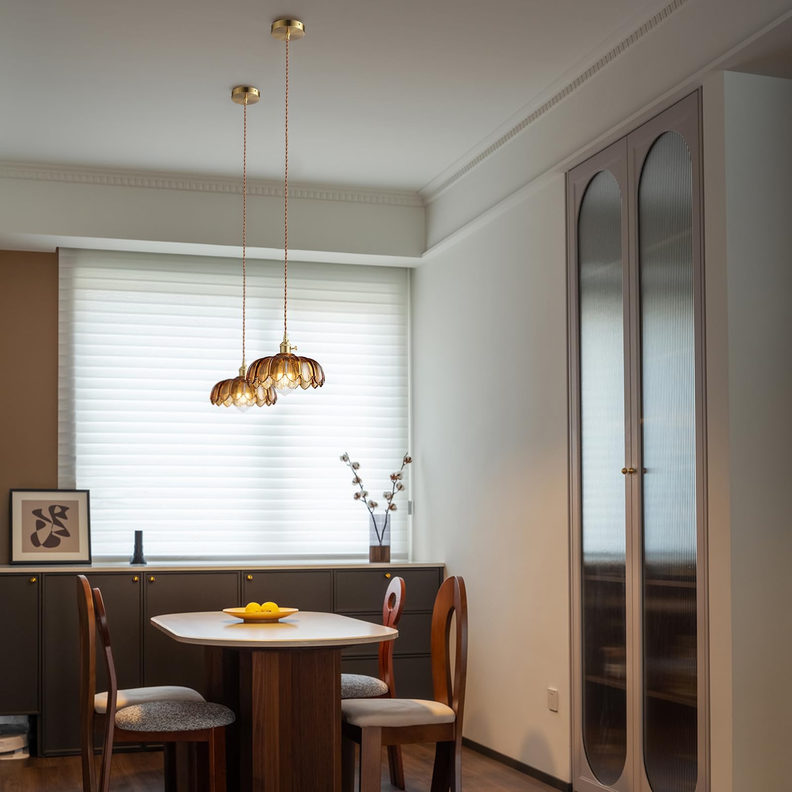 XZHGCEE amber glass pendant adds warm dining ambience with adjustable height
