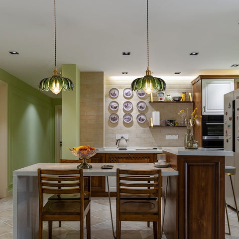 XZHGCEE dining room pendant showing green glass glow for intimate meals.