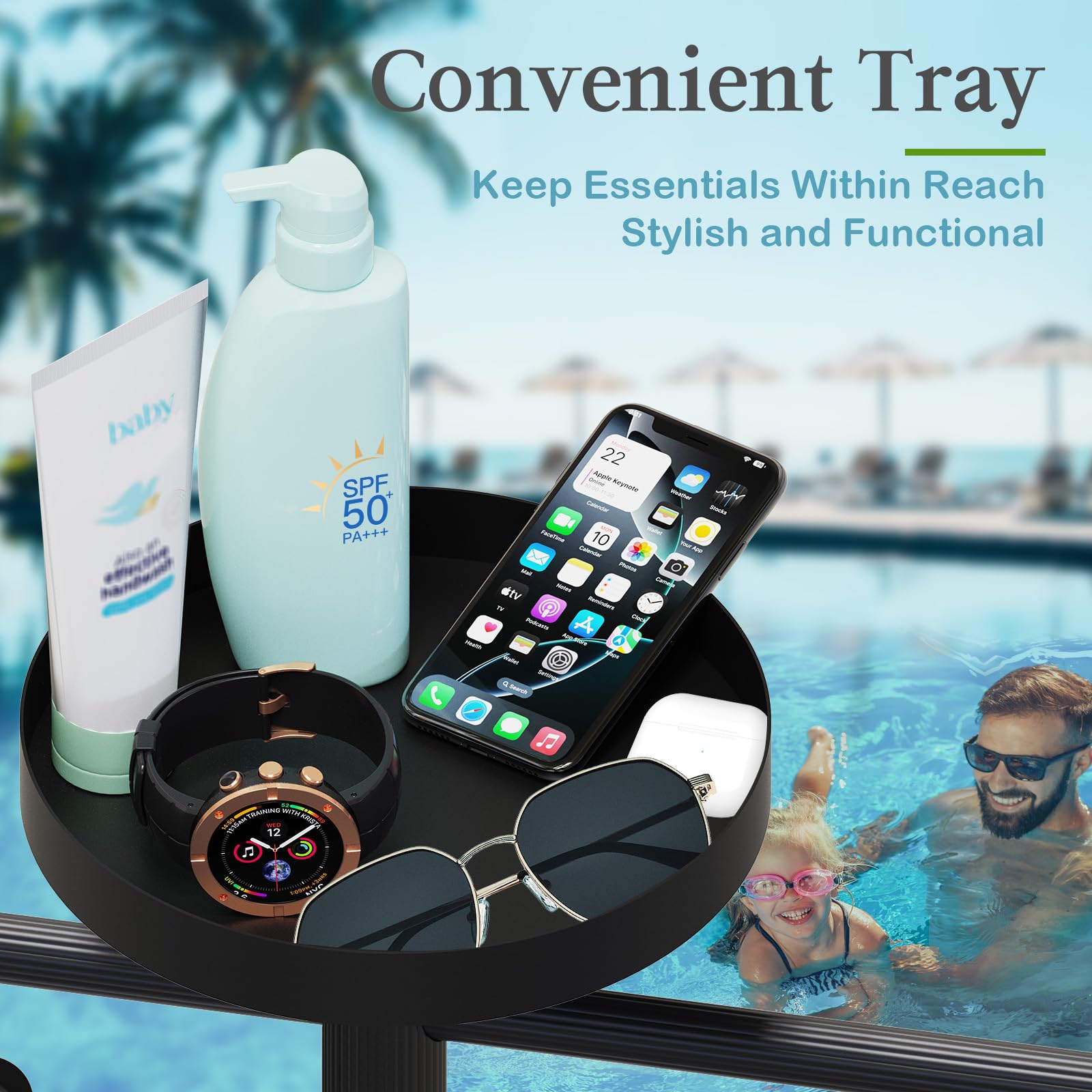 YACONA pool towel rack with adjustable bars for towels and robes.