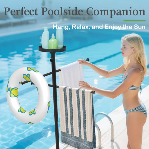 YACONA pool towel rack with built-in tray keeping drinks within reach.