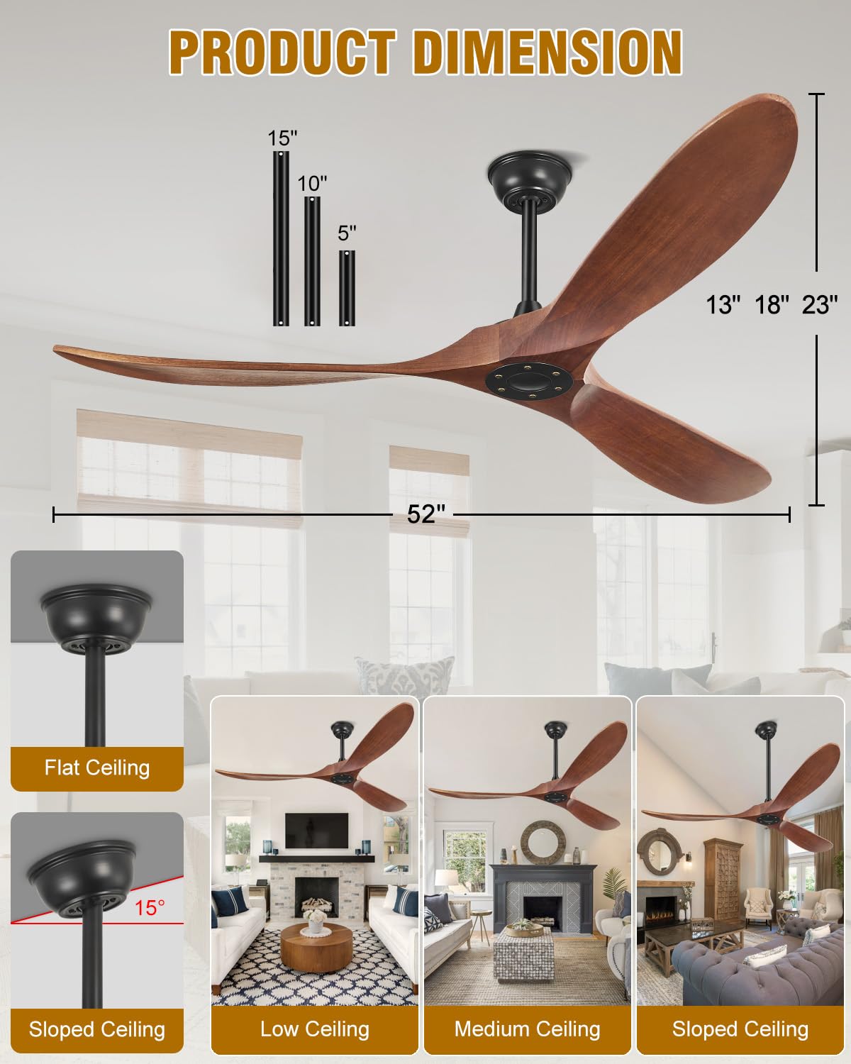 Yahada wood blades on a three-blade ceiling fan delivering natural warmth and airflow.