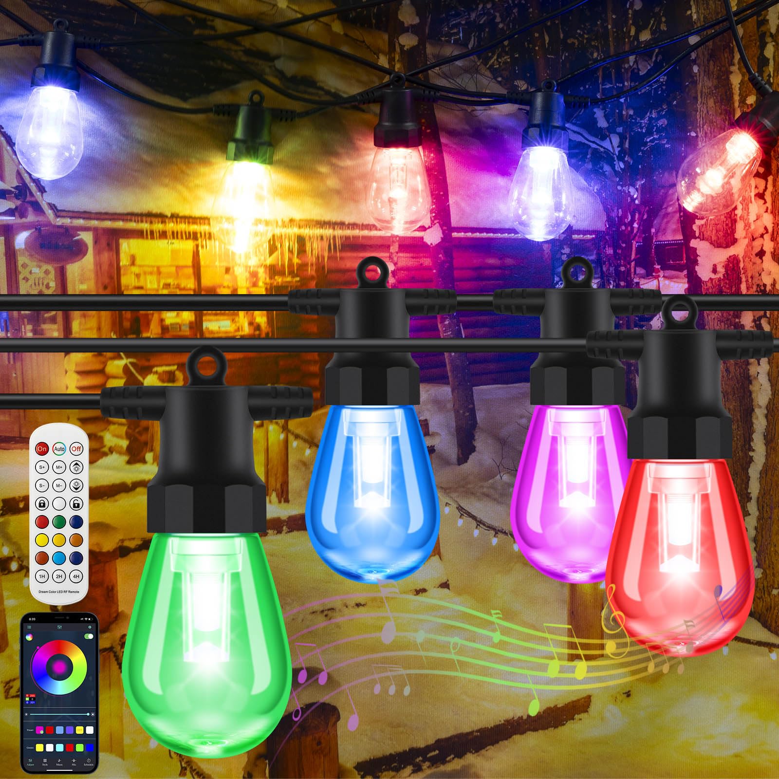YAIYAN 50ft outdoor string lights create color-changing ambiance for patios