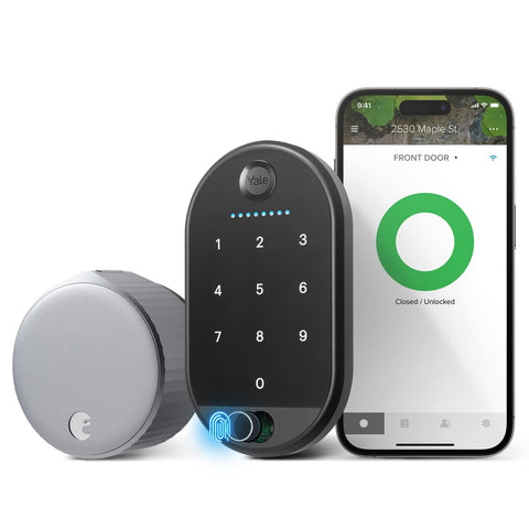 Yale August Wi-Fi Smart Lock front view in silver showing keyless entry