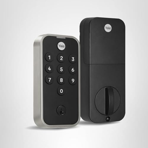 Yale Code front door lock in satin nickel suits modern homes.