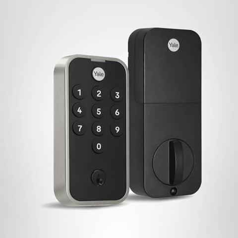 Yale Code front door lock in satin nickel suits modern homes.
