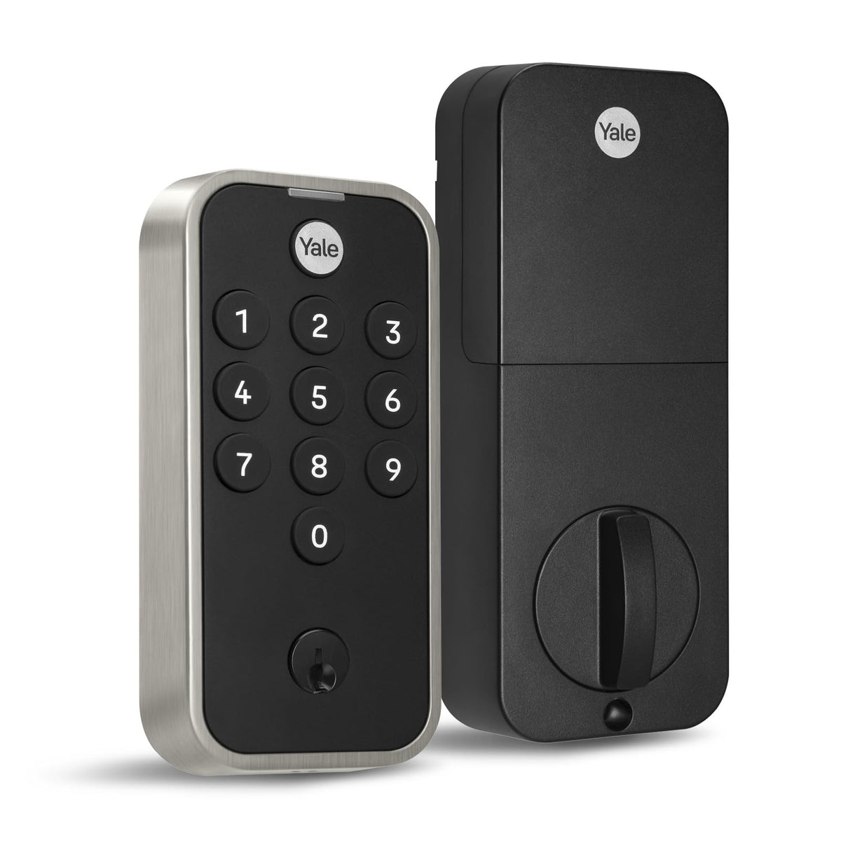 Yale Code keypad front door in satin nickel enables convenient keyless entry.