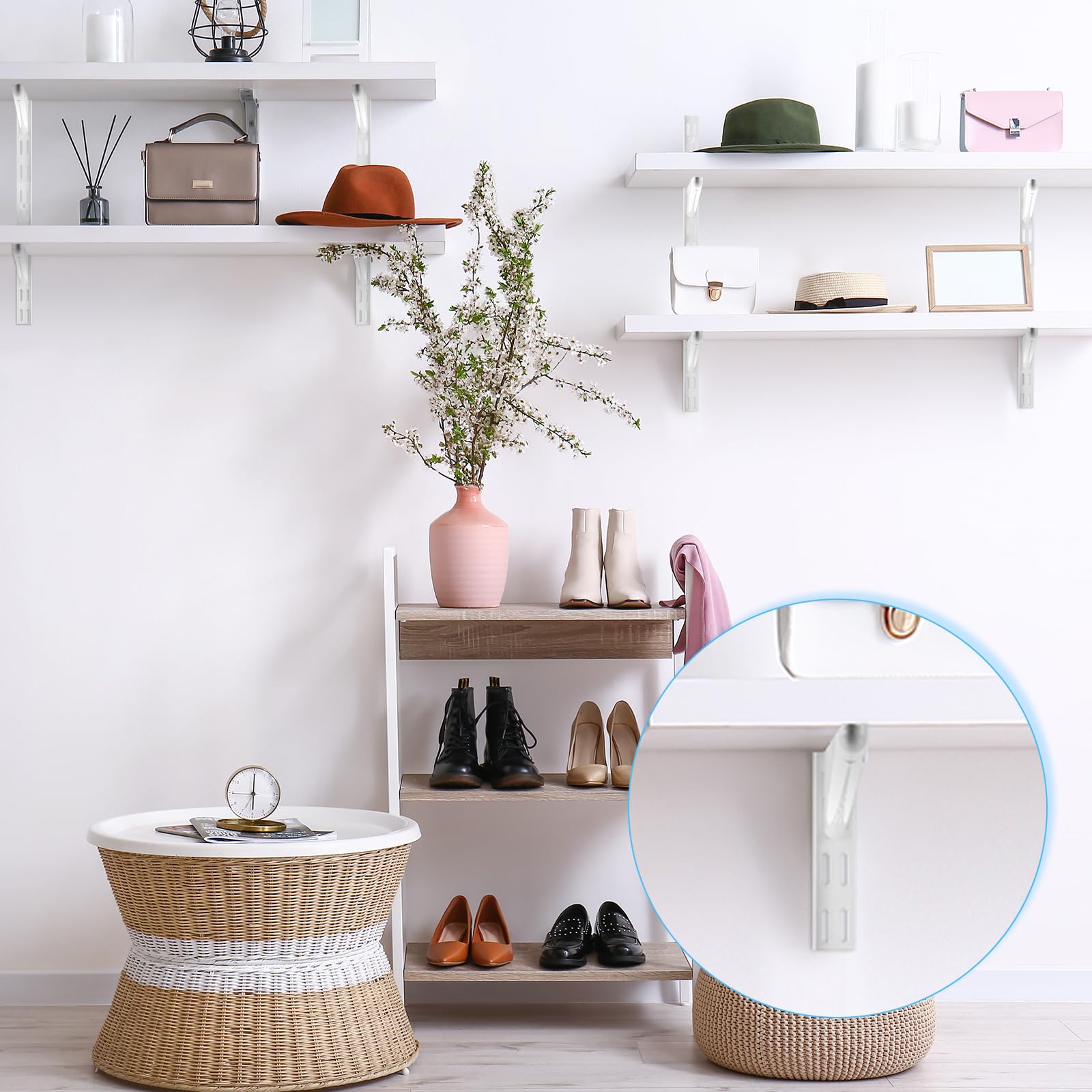 Row of shelves supported by Yalikop heavy-duty brackets.