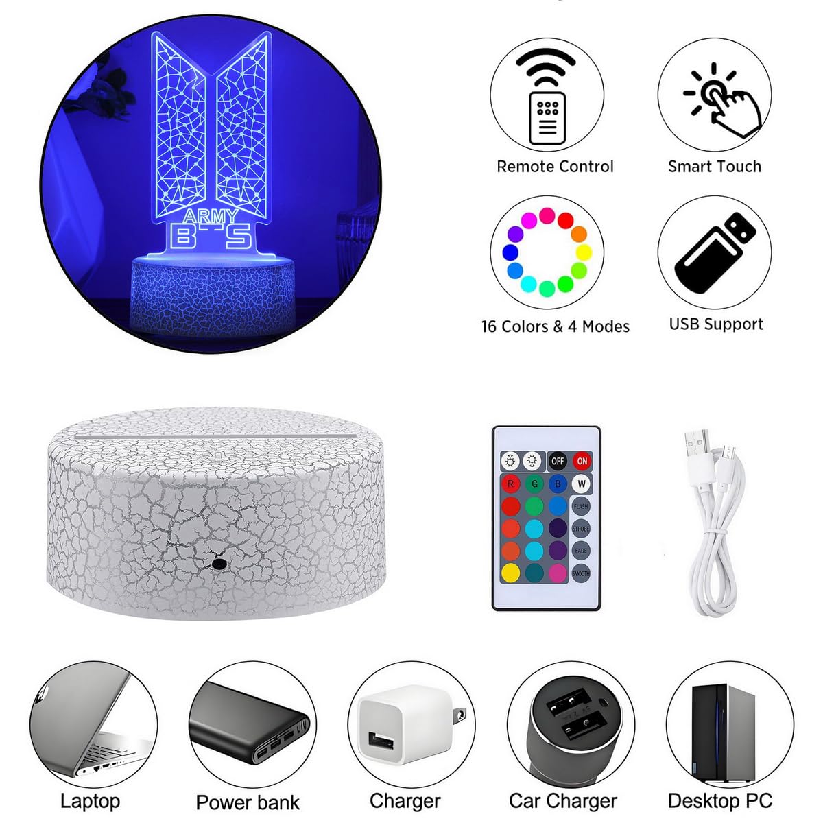 YANENG Bangtan Boys night light remote control enables easy color changes and power on/off.