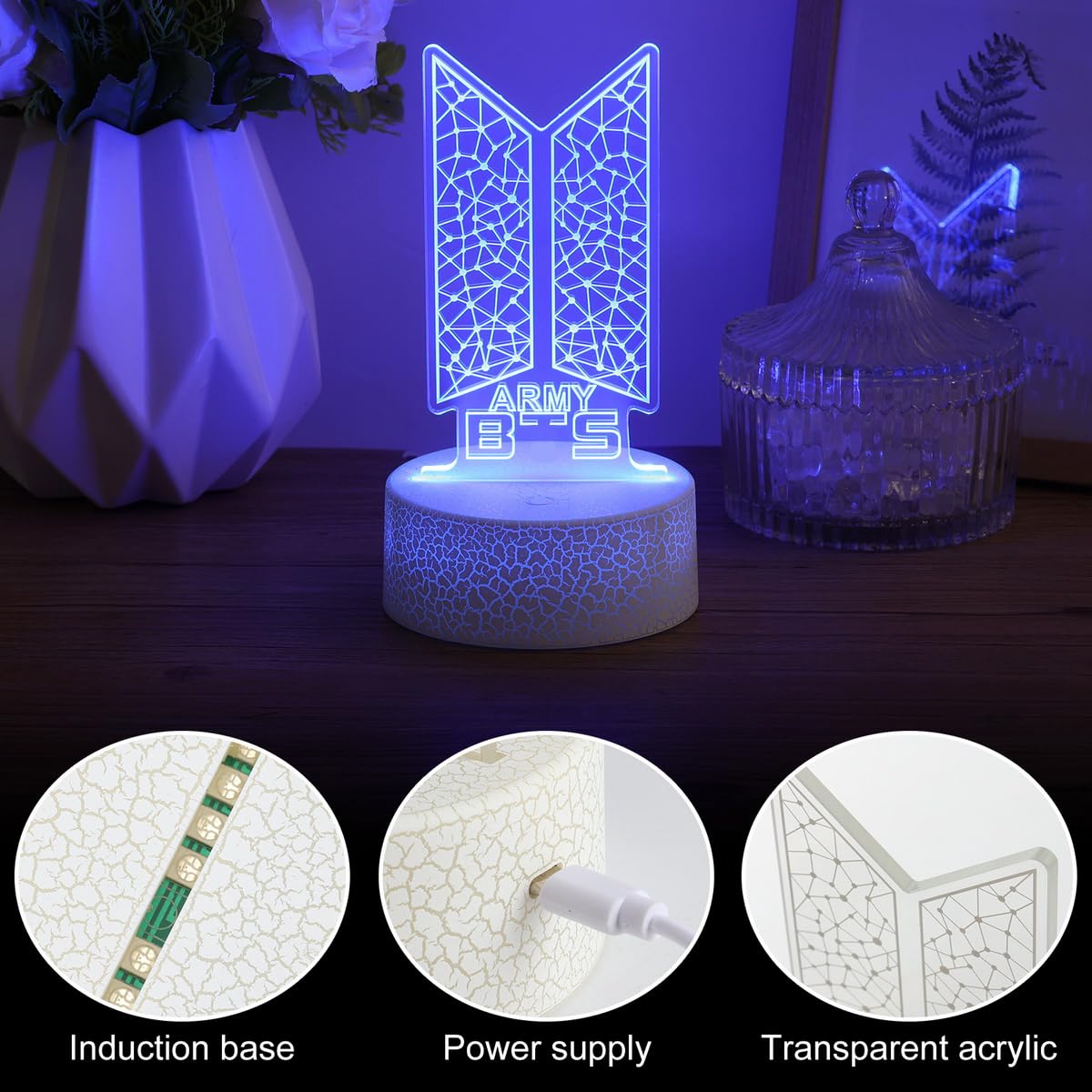 YANENG Bangtan Boys night light USB setup for flexible placement and charging.