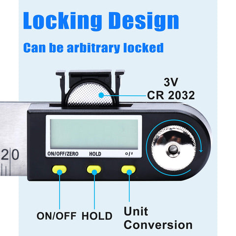 Yangoutool digital angle ruler battery life indicates long operation between changes.