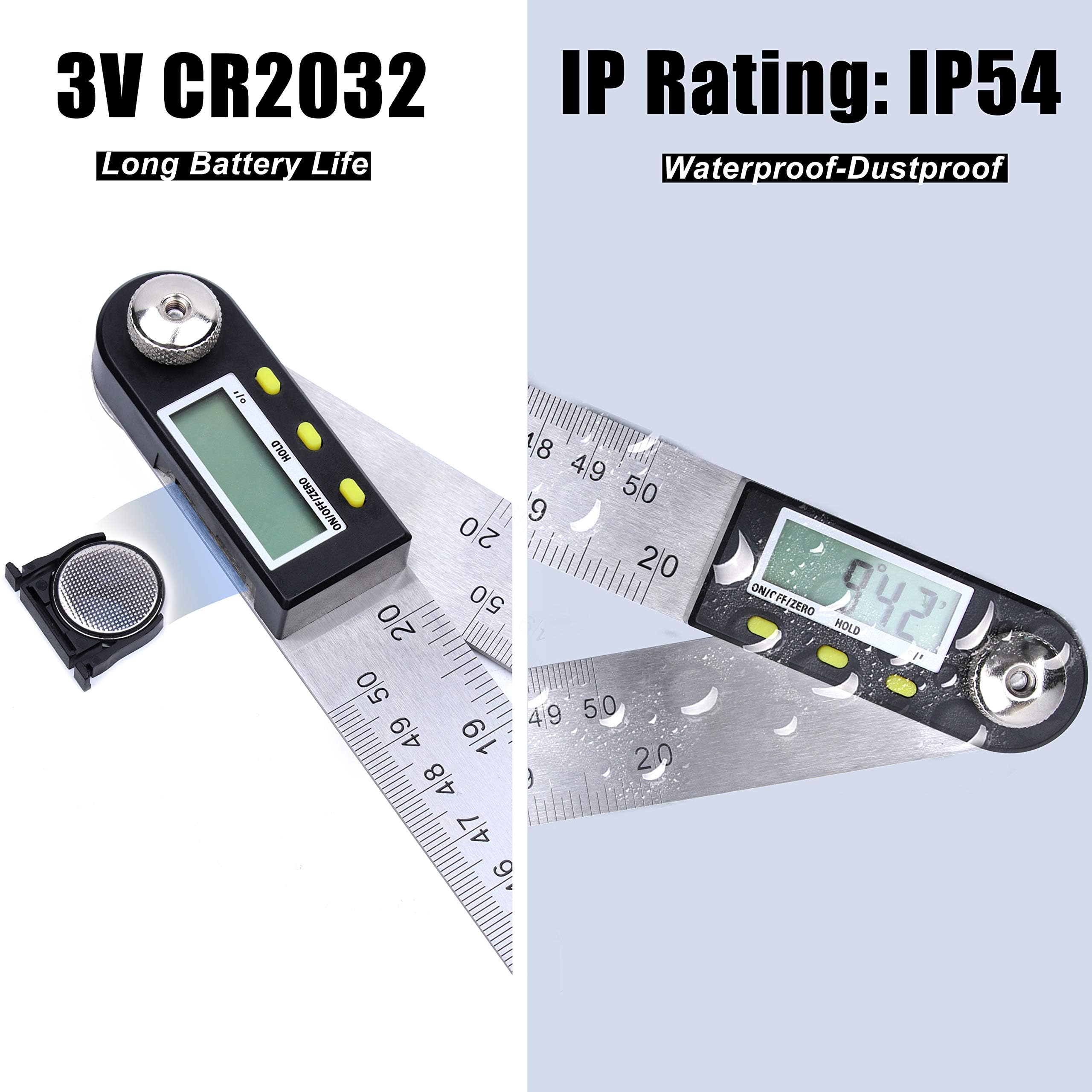 Yangoutool digital angle ruler lock button ensures stable angle during setup.