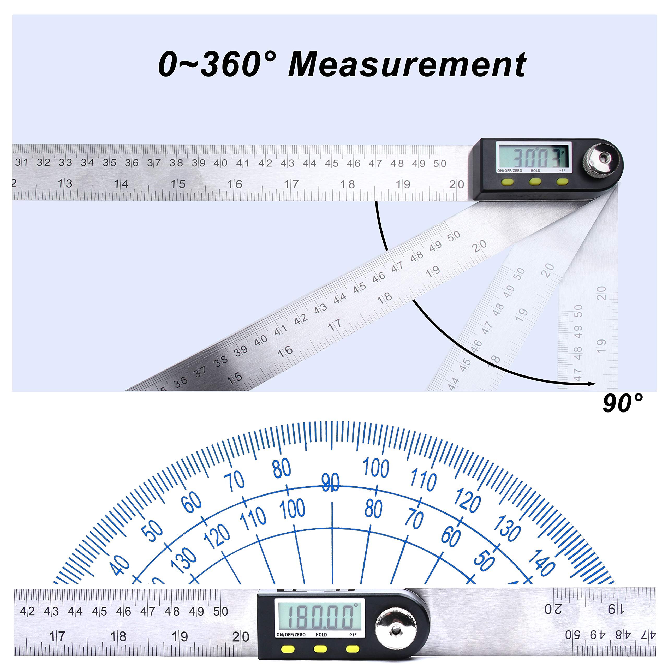 Yangoutool digital angle ruler stainless steel body for durable construction.