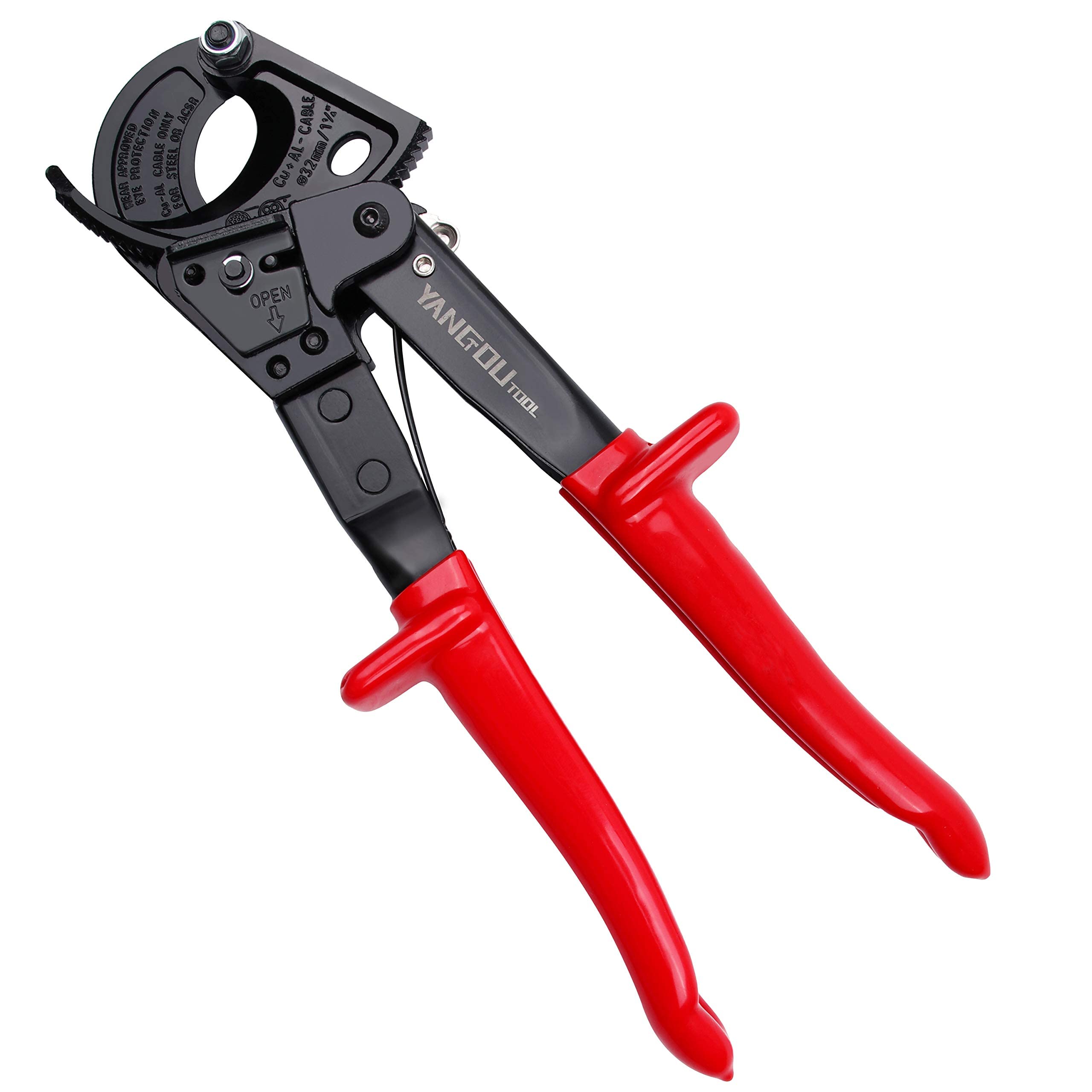 Yangoutool ratchet cable cutter front view showing robust build for precise wire cuts