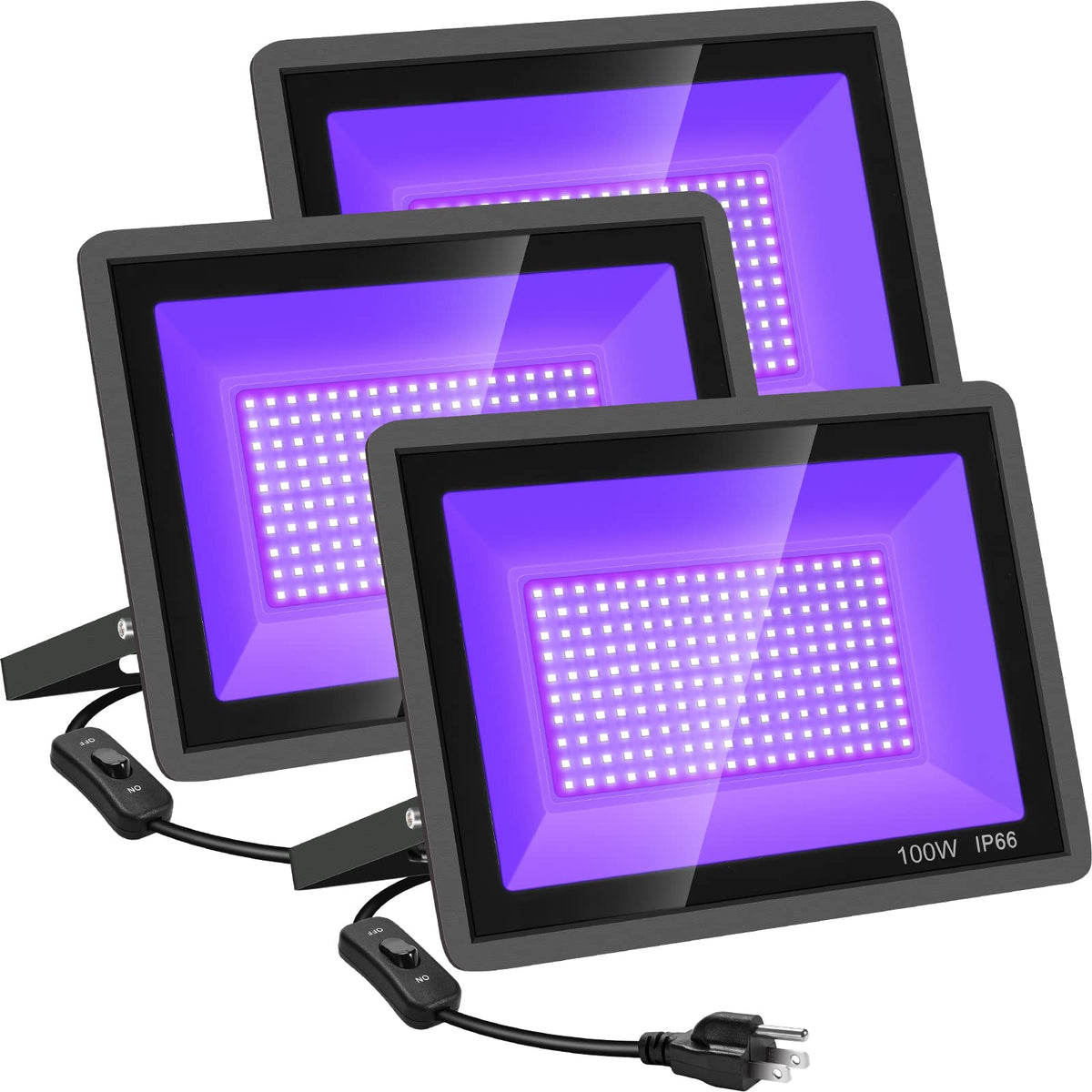 YANYCN 3-pack 100W blacklight flood on a dance floor for neon glow.