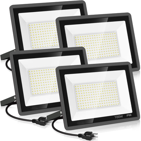 YANYCN 4 Pack 100W flood light front view delivers bright daylight illumination for outdoor spaces