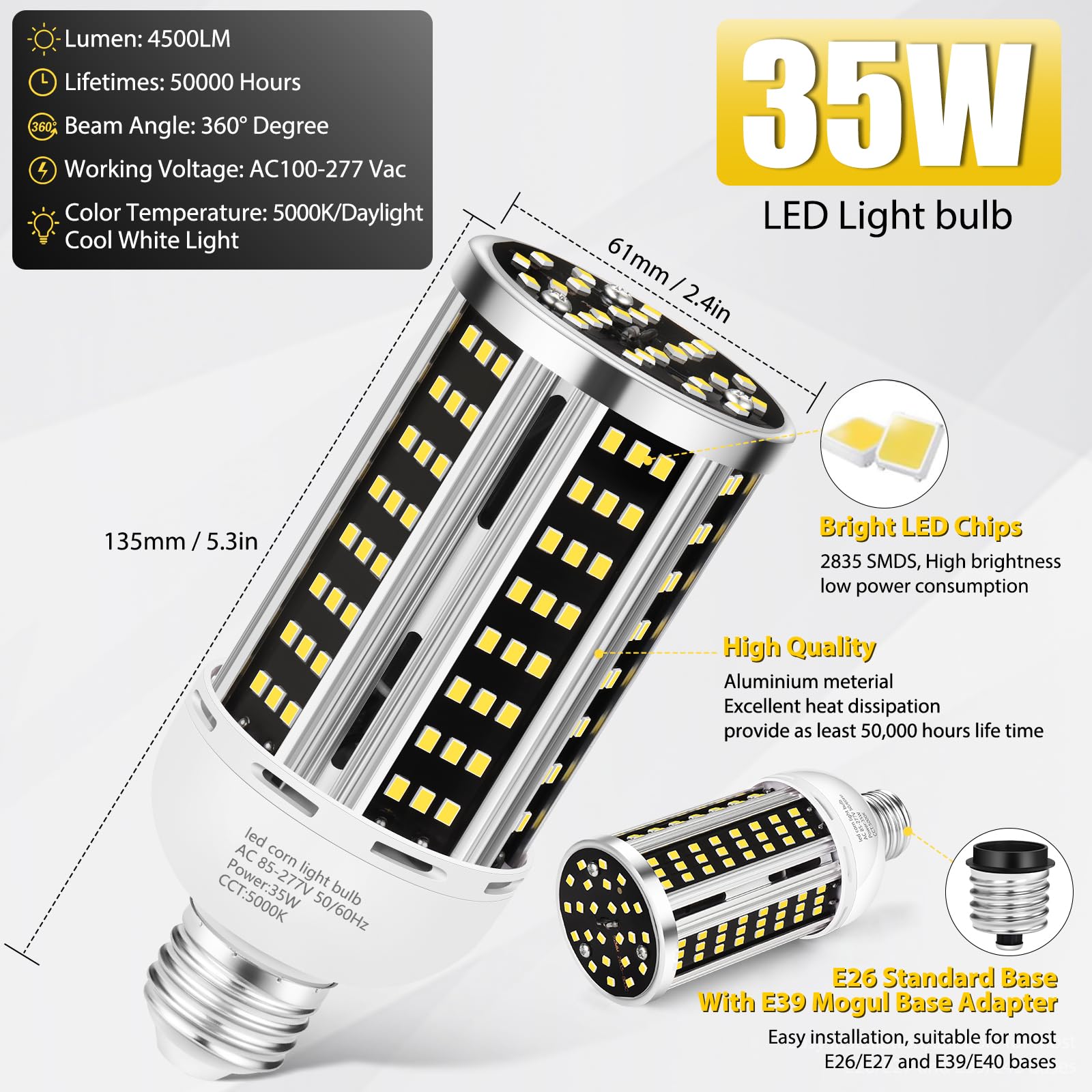 YANYCN 5000K daylight corn light delivering crisp color rendering