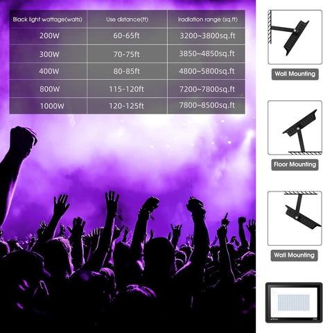 YANYCN outdoor party setup lit by black light highlighting fluorescent effects.