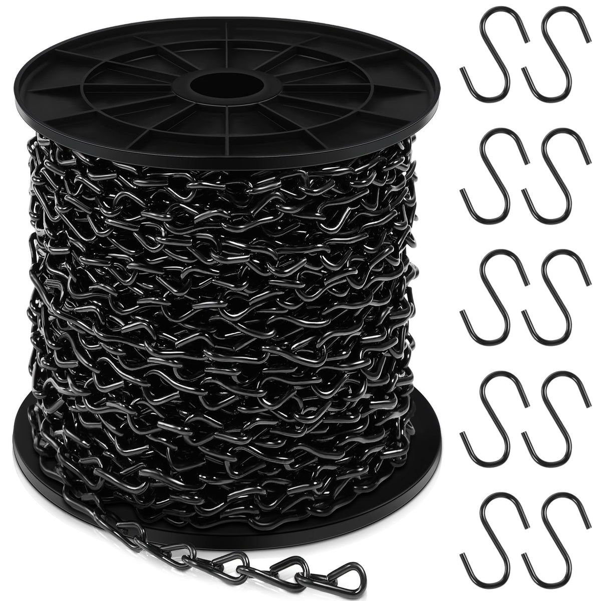 Yaocom 50ft black jack chain on spool for easy storage and setup.