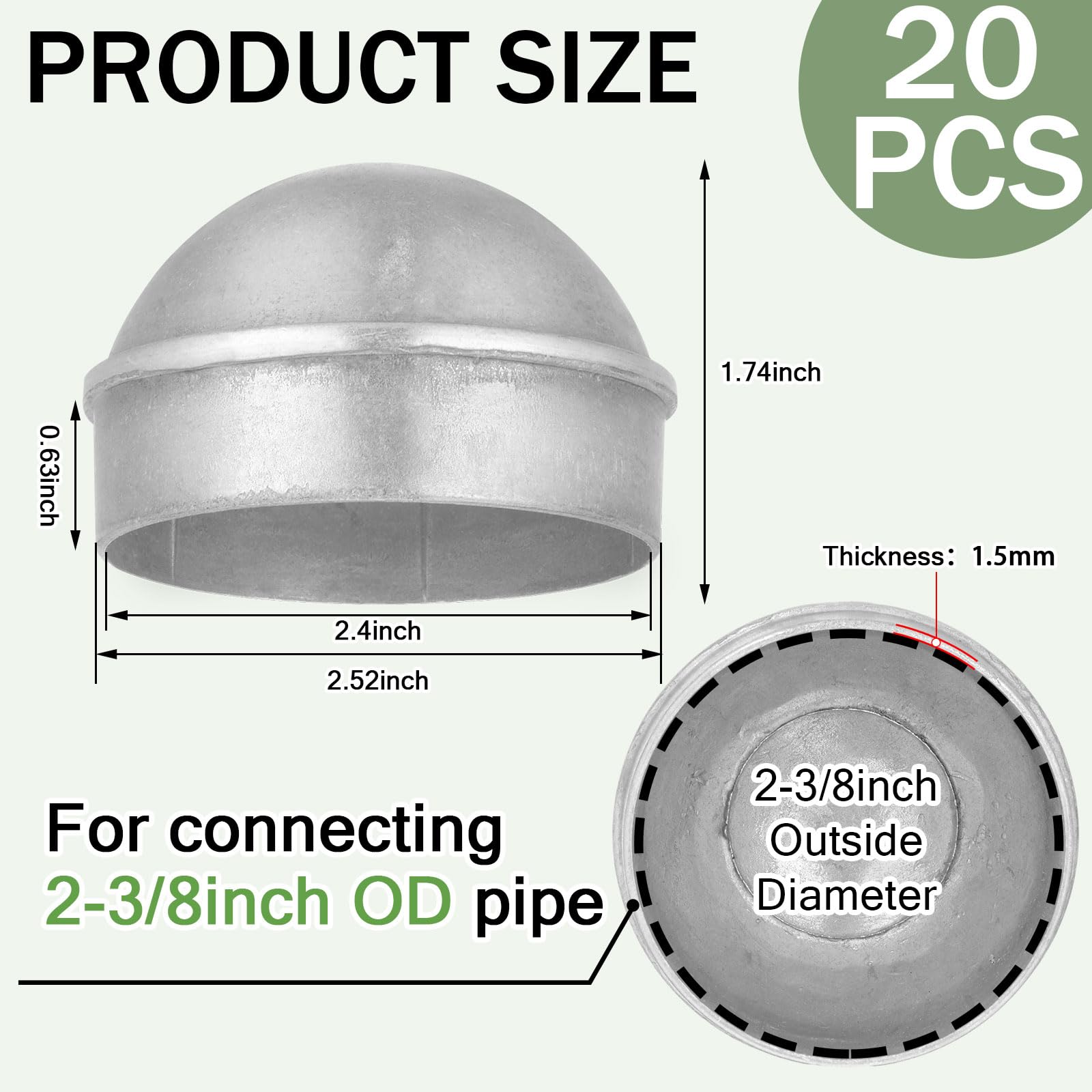 Yaocom aluminum post cap 2-3/8 in fits snugly on chain link posts.