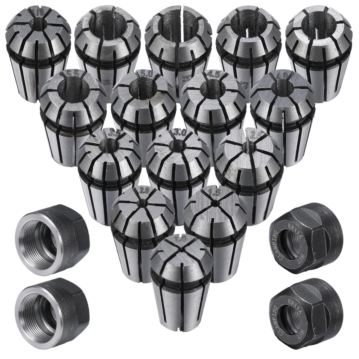 Yaocom ER11 spring collet set shown with diverse sizes for CNC milling