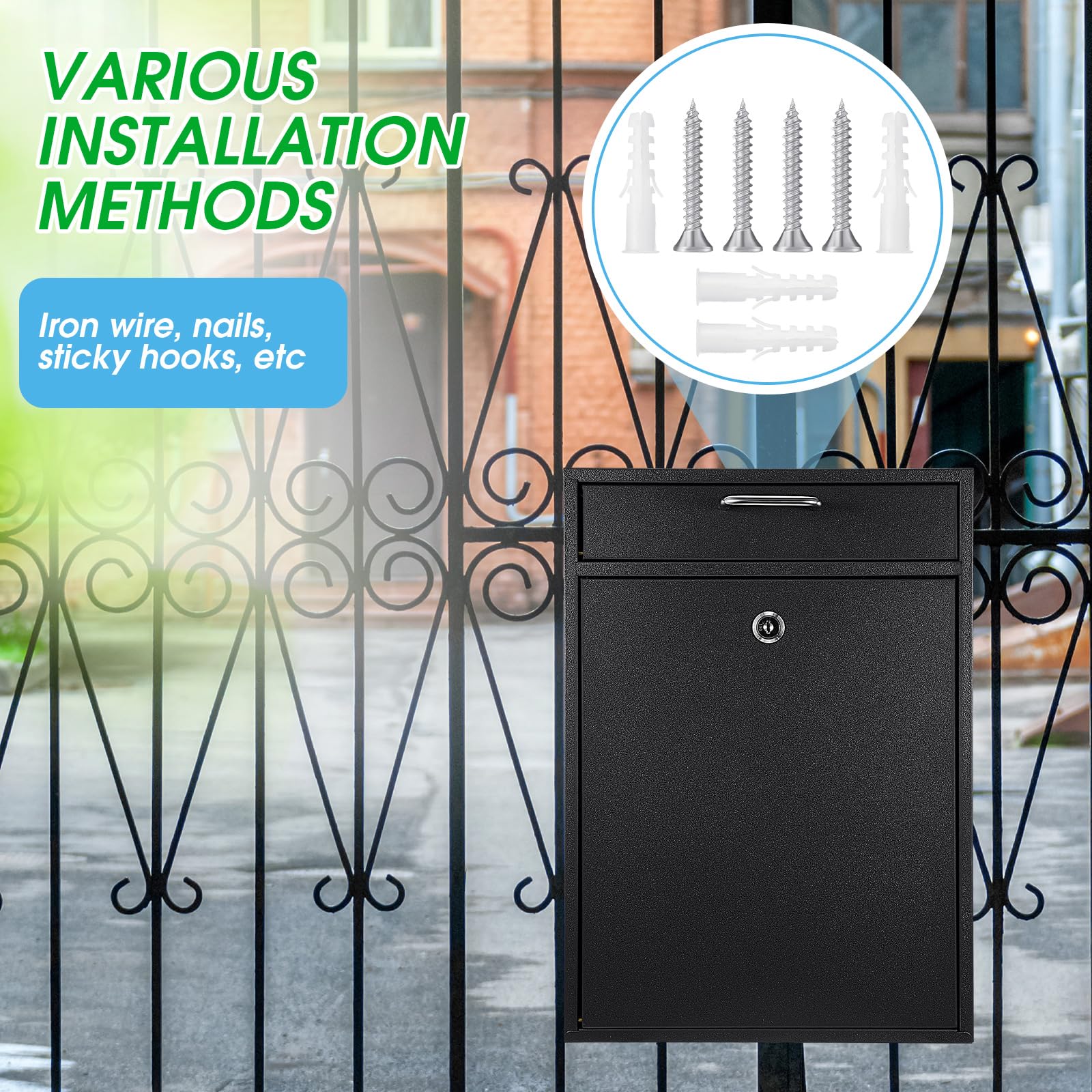 Yaocom locking mailbox with keys on doorstep demonstrates weather-resistant coating.