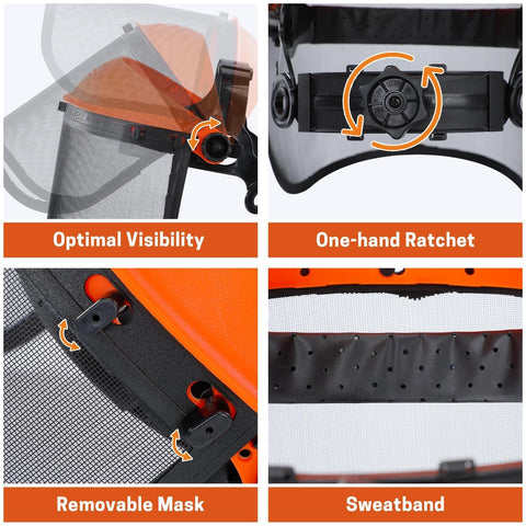 YARDMARIS curved face shield offers clear, full-face coverage during cuts.