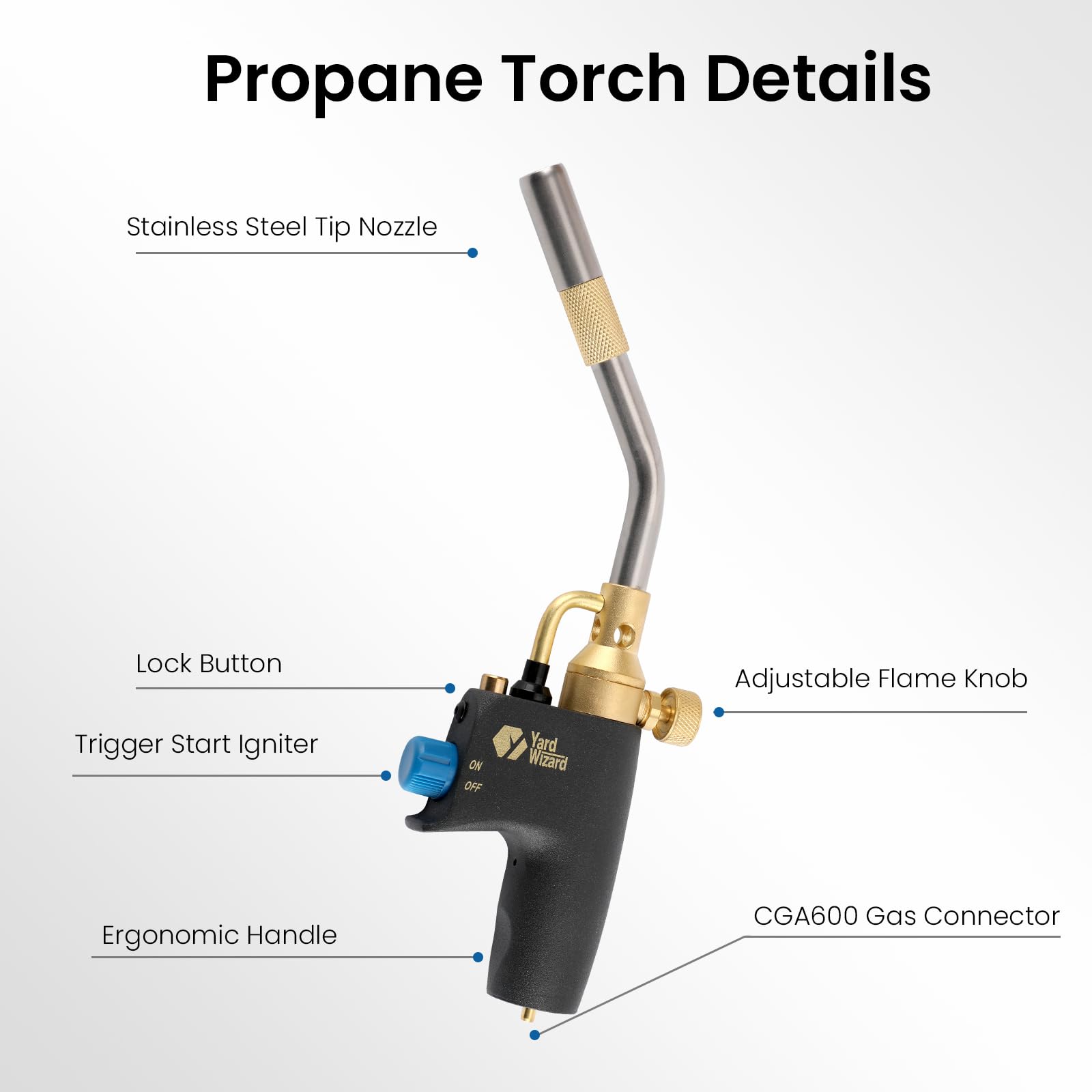 Yardwizard brass valve propane torch showing robust spark and fuel control.