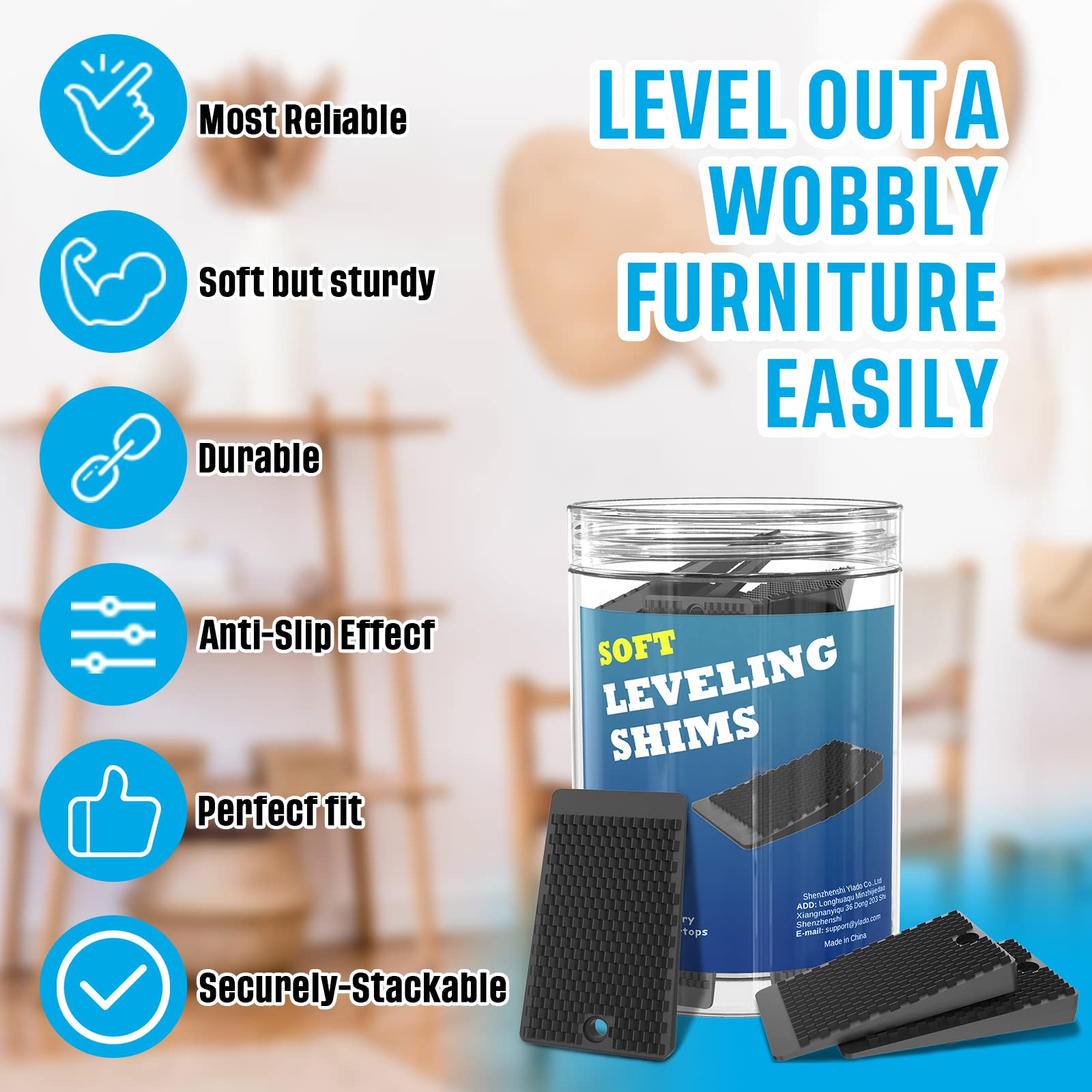 YARKOR levelers under a table in a cafe to reduce wobble.