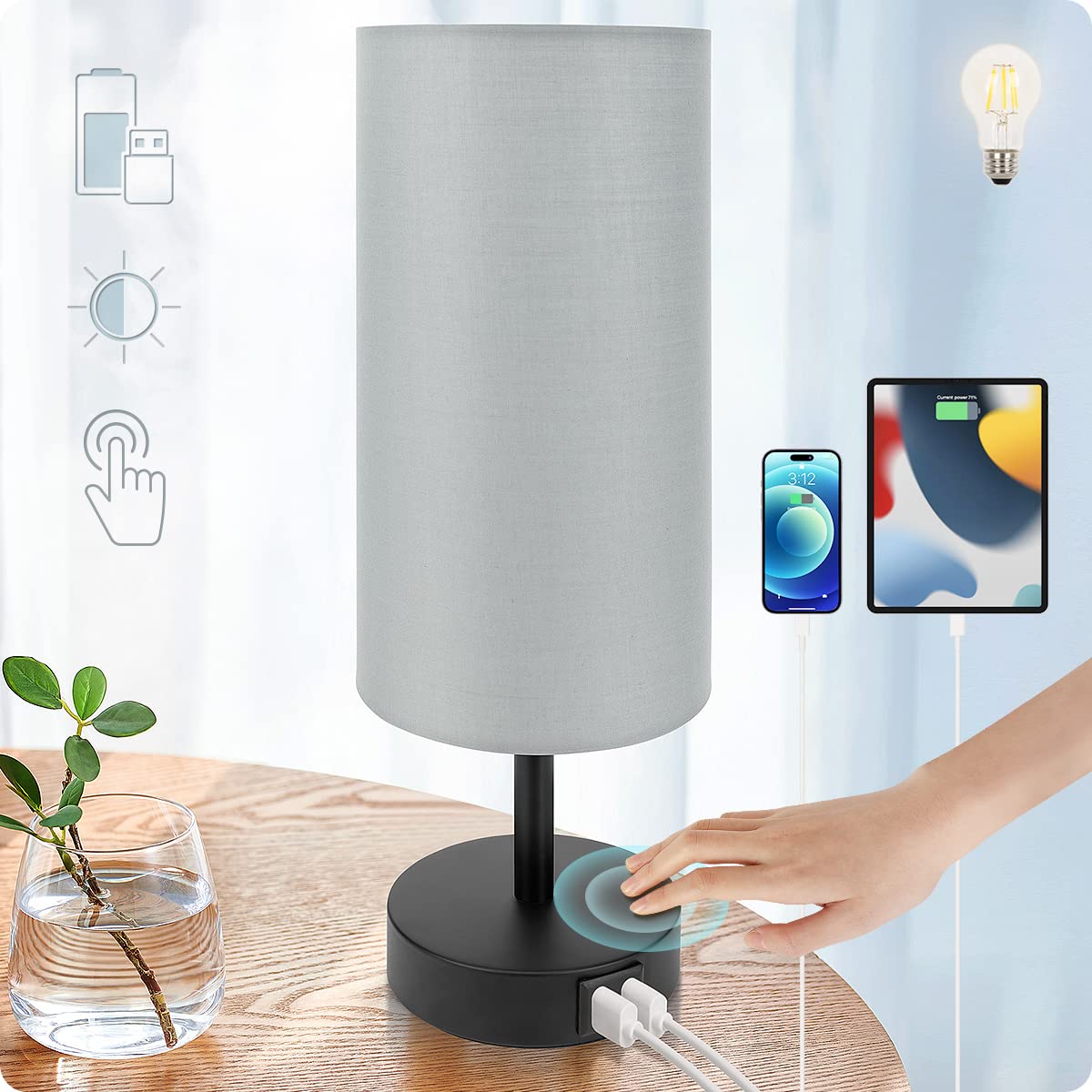 Yarra-Decor bedside lamp base touch dim control for effortless brightness on demand.