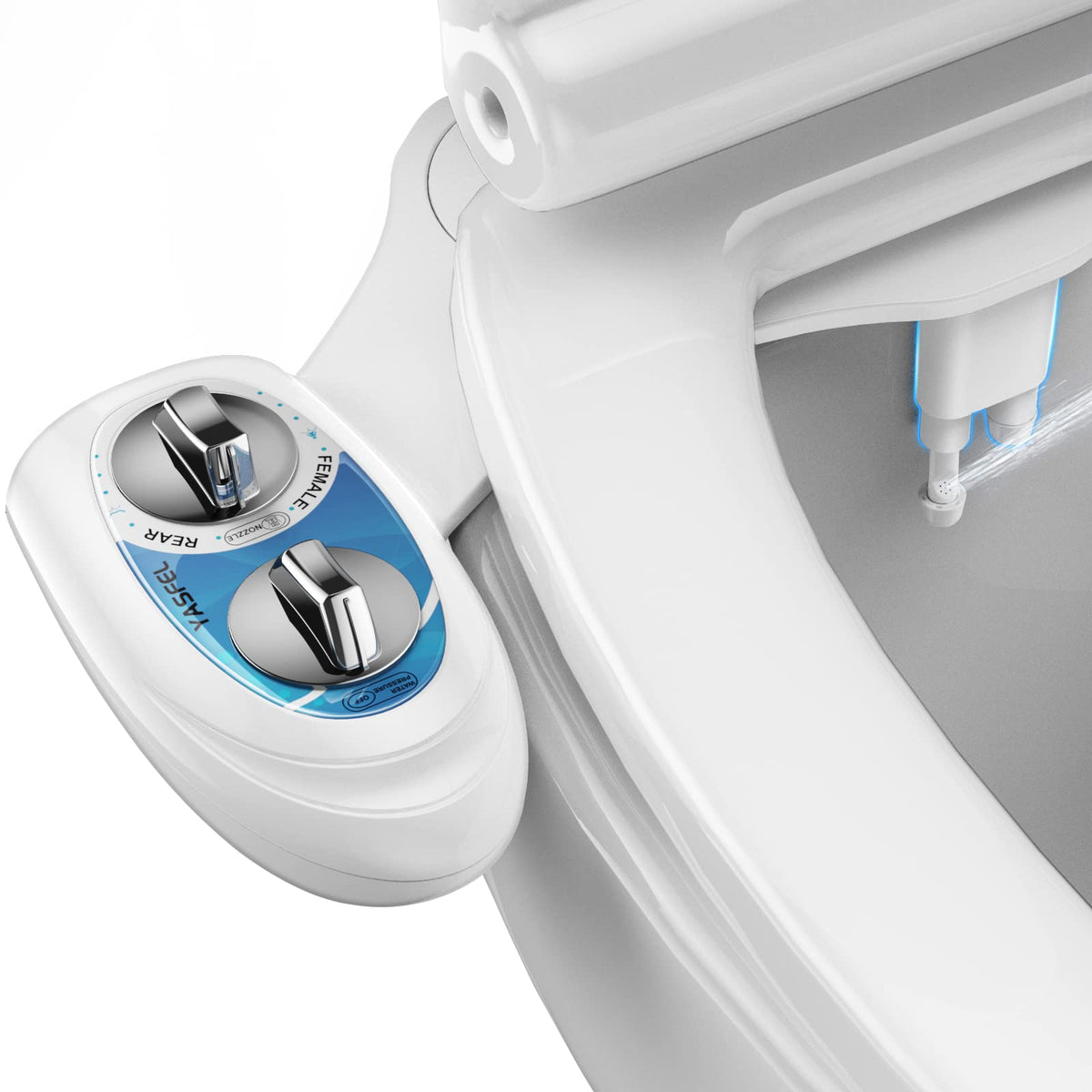 YASFEL bidet attachment front view, sleek blue-white design for daily bathroom comfort