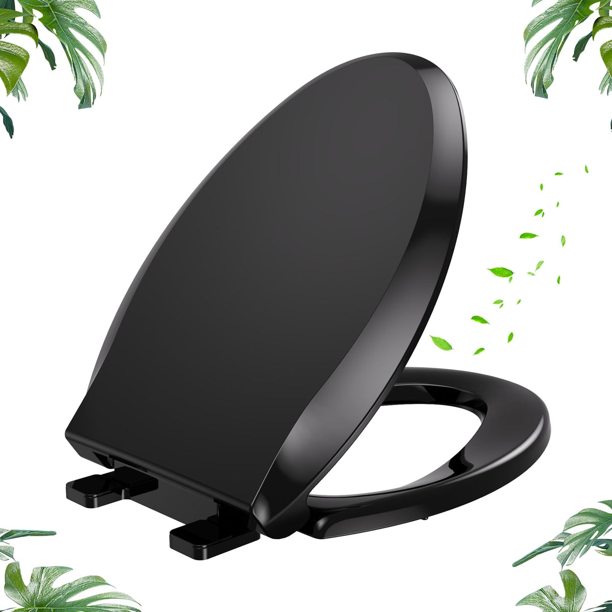 YASFEL standard elongated toilet seat with soft-close lid, quiet closing and protection for fingers.