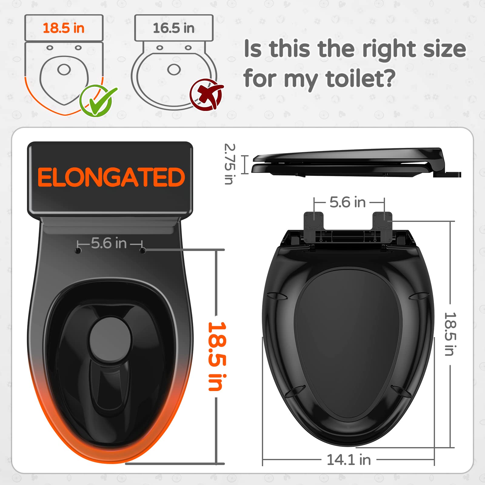 YASFEL universal-fit elongated seat in black, simple three-step installation.