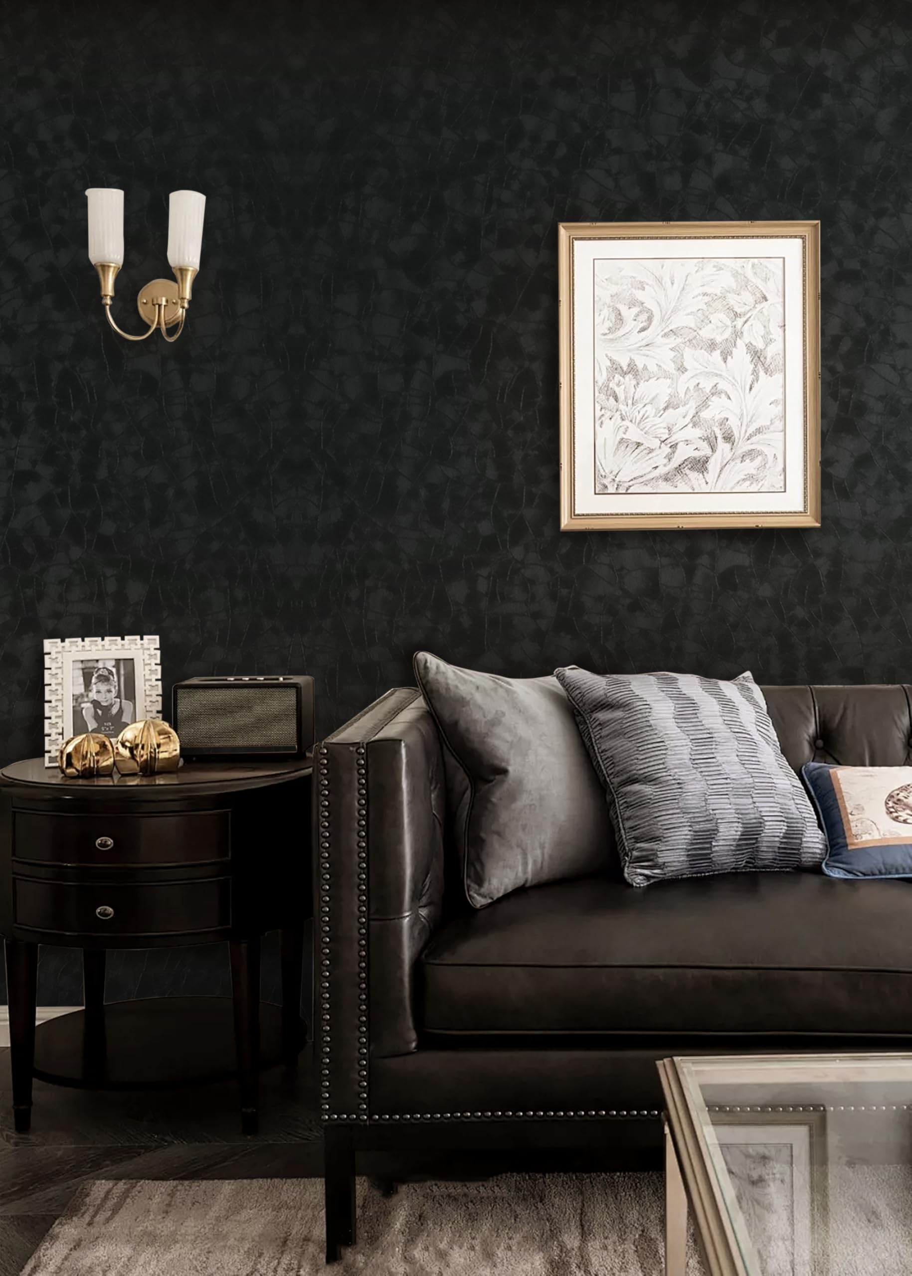 Yasinet peel-and-stick wallpaper in black; easy removal with no residue.