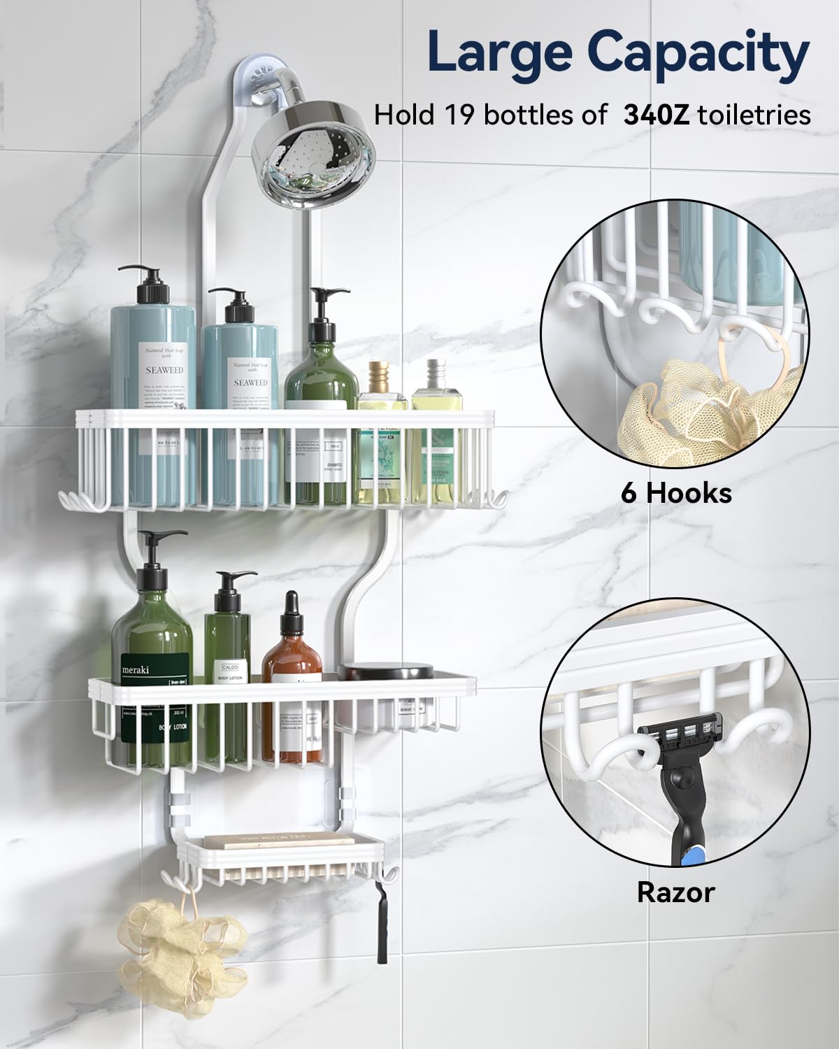 YASONIC 3-tier baskets organize shampoo and body wash efficiently