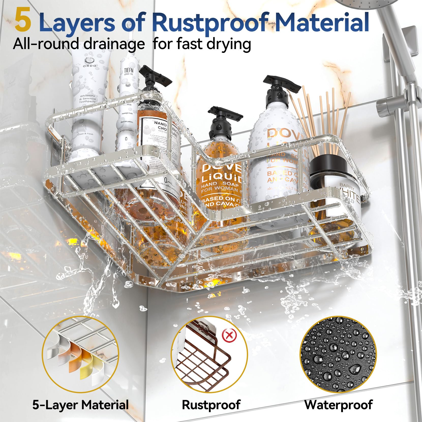 YASONIC stainless-steel shower shelves showcase corrosion resistance and simple maintenance.